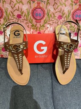 G by Guess Brown Leather T-Strap Sandals with Gold-Tone Logo